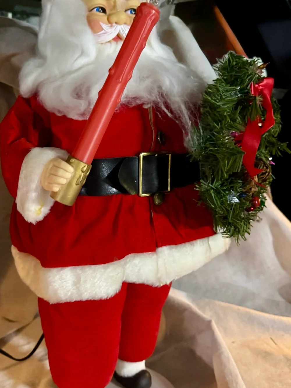Santa Figure with Festive Green Wreath - Red Holiday Decor